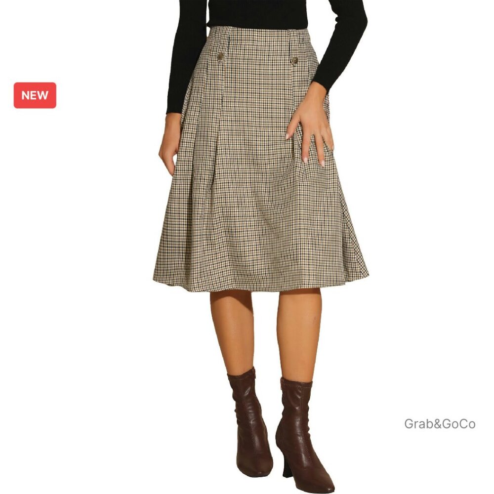 Vintage Plaid Pleated A-Line Midi Skirt High Waist Retro Chic